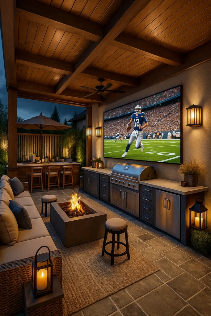 Luxurious outdoor patio with a large TV showing a football game, built-in grill, bar seating, fire pit, cozy couch, lantern lighting, and a wooden pergola overhead at dusk.