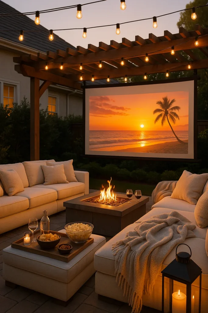 Cozy outdoor patio with cushioned seating, fire pit, hanging string lights, a large screen showing a beach sunset, and snacks and drinks set on a tray.