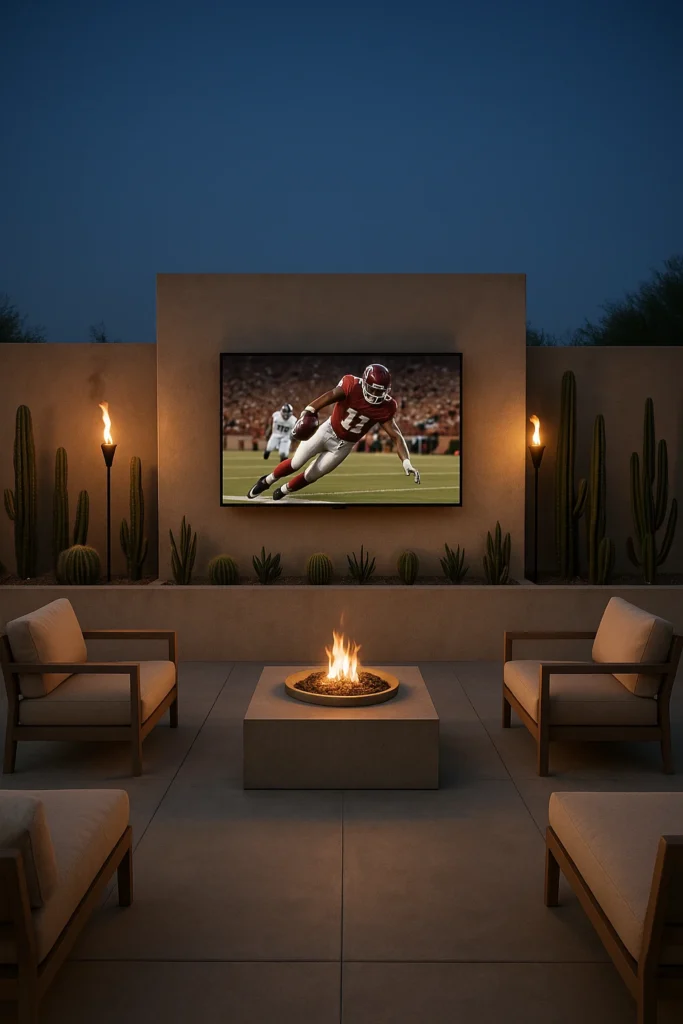 Modern outdoor patio with cushioned chairs, a central fire pit, wall-mounted TV showing a football game, desert landscaping with cacti, and torches for ambient lighting at dusk.