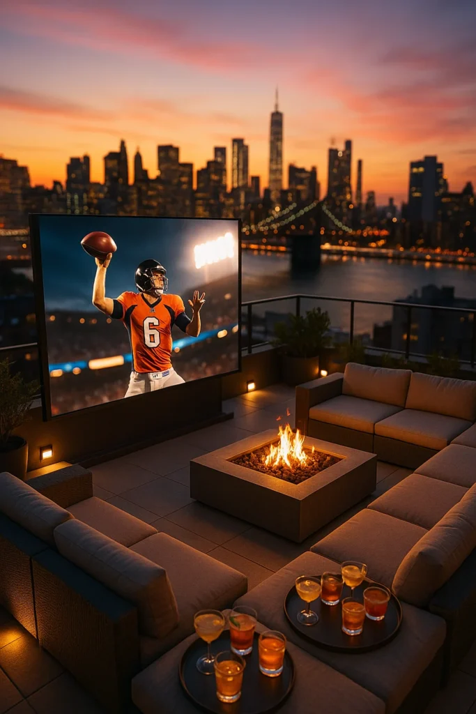 Stylish rooftop patio with a fire pit, modern sectional seating, trays of cocktails, a large screen showing a football game, and a dramatic city skyline at sunset in the background.
