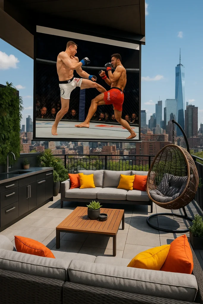 Modern rooftop lounge with cushioned seating, colorful throw pillows, a hanging egg chair, built-in outdoor kitchen, wood coffee table, large screen displaying a UFC fight, and a city skyline in the background.