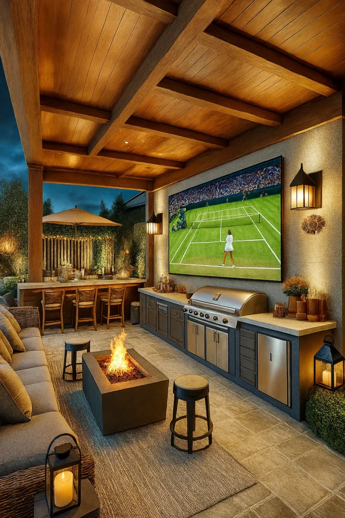 Elegant covered patio with a wooden ceiling, cozy seating, fire pit, bar area with stools, built-in stainless steel grill, wall-mounted TV showing a tennis match, and ambient lantern lighting in a lush backyard setting at dusk.