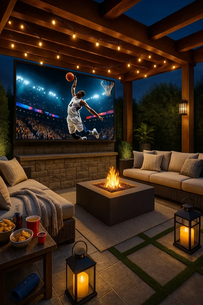 ChatGPT said: Cozy outdoor lounge with string lights under a wooden pergola, large screen displaying a basketball game, cushioned seating, fire pit, snacks and drinks on a side table, and lanterns providing warm ambient lighting.