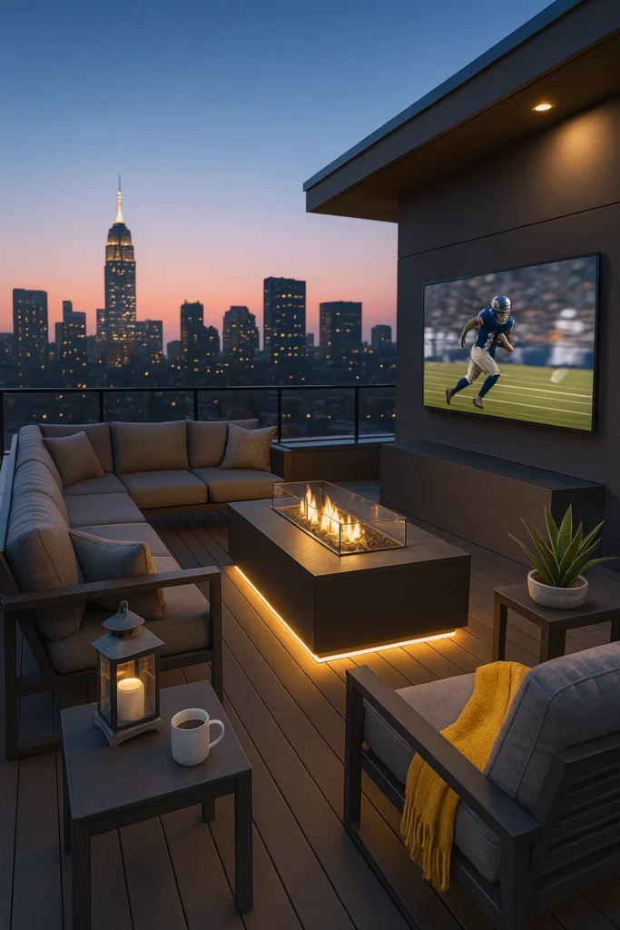 Chic rooftop lounge at sunset with modern sectional seating, sleek fire pit with underlighting, wall-mounted TV showing a football game, city skyline in the background, and cozy accents like a lantern, mug, and throw blanket.