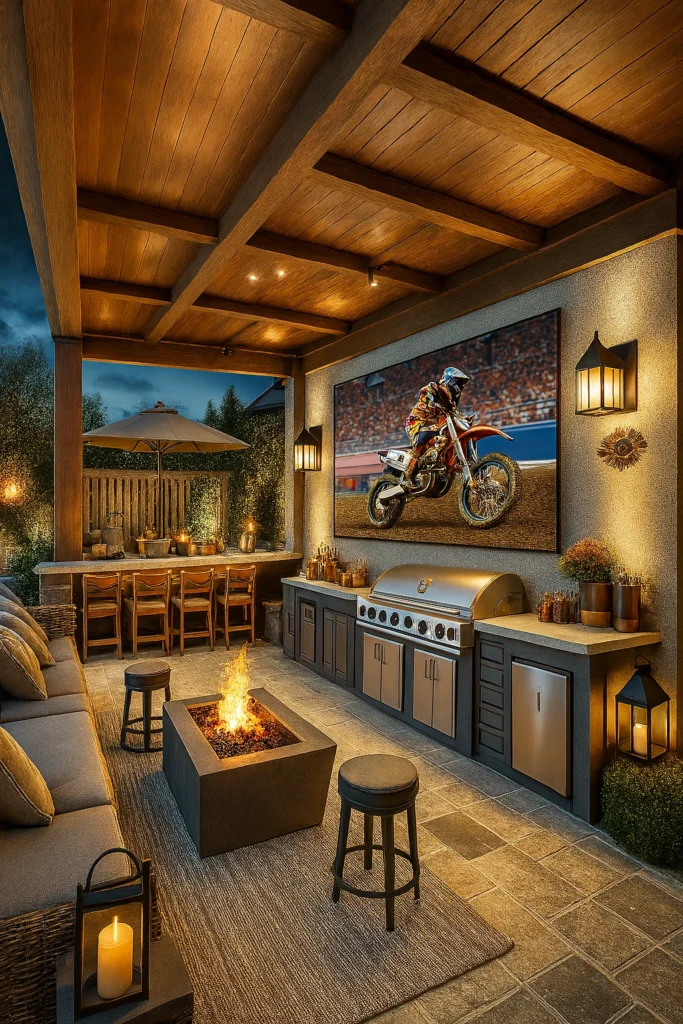 Stylish covered patio with wooden ceiling, built-in grill and bar seating, cushioned sofa, fire pit, lantern lighting, and a wall-mounted TV displaying a motocross race in a cozy backyard setting at night.